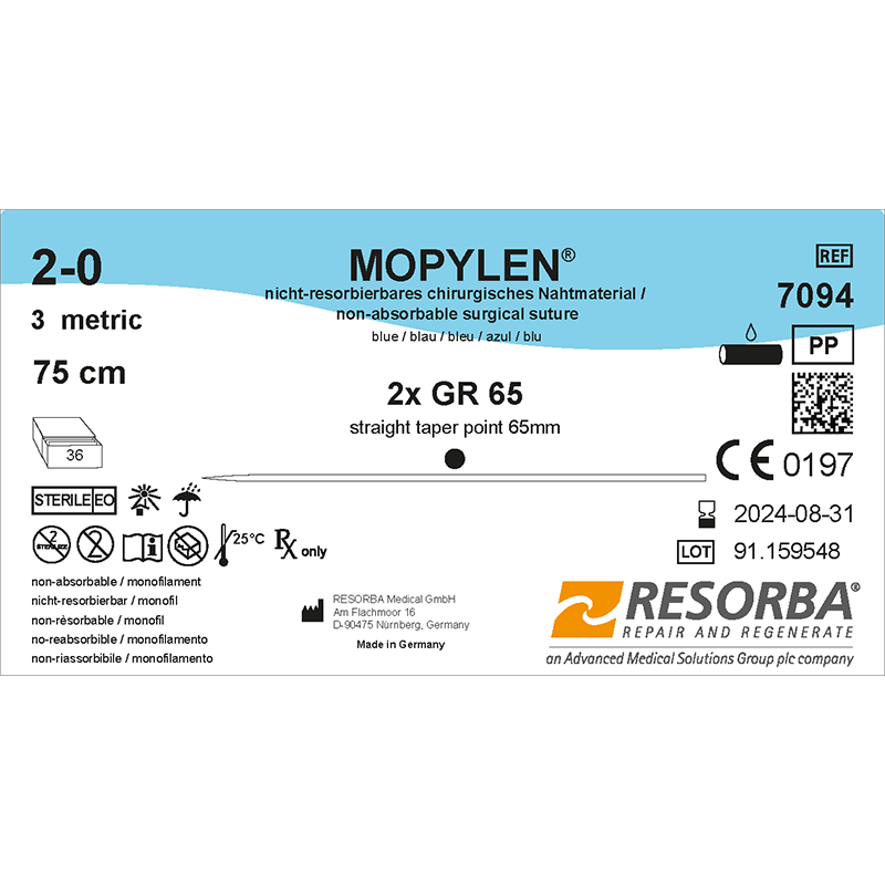Мопілен USP3-0 синій, довжина 45см, зворотньо-ріжуча голка 18мм, 1/2 кола